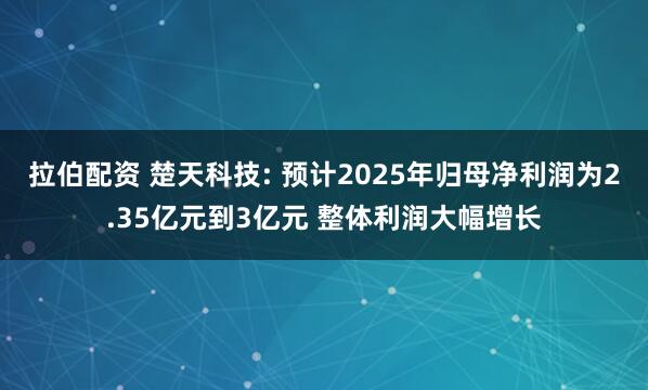 拉伯配资 楚天科技: 预计2025年归母净利润为2.35亿元到3亿元 整体利润大幅增长